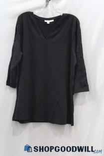 Chico's Women's Black Embroidered 3/4 Sleeve V-Neck Shirt sz XXL