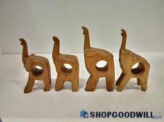 Set Of 4 Wood Hand Carved Elephant Statue