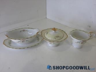 3pc Gravy Boat Attached Underplate Suger Bowl & Pitcher Floral