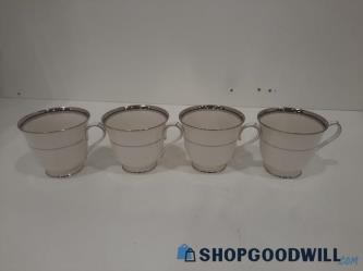 4pc Noritake Ivory/Silver China Tea Cup Platinum Lights