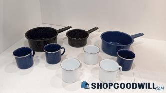 9pc Vintage Splatter Enamel Ware White Black Blue Pans, Mugs Cups Cooking