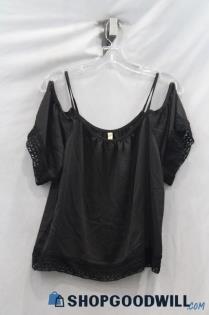 Tyche Women's Black Cold Shoulder Embroidered Mesh Hem Tank Top sz S