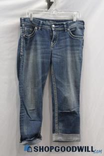 Silver Jeans Women's Blue Weathered Mid-Rise Cuffed Capri Jean sz 30