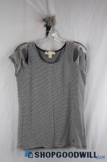 Michael Kors Women's Black/White Striped Cold Shoulder Blouse SZ M