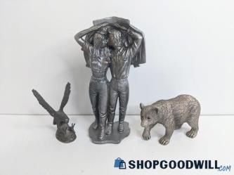 3PC Appears to Be Metal Like Eagle, Couple & Grizzley Bear Collectible Figurines