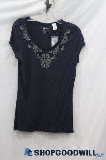 NWT Chico's Women's Navy/Gold Chain Design Short Sleeve Shirt sz M/8