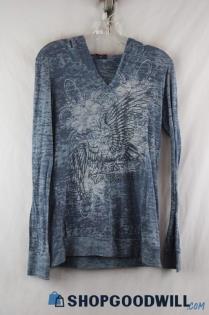 Harley-Davidson Women's Dusty Blue V Neck Hooded Long Sleeve Tee sz L