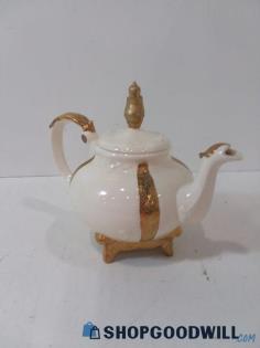 Vintage Antique Style White And Gold Porcelain Glass Tea Pot