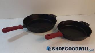 2pc Tramontina Cast Iron Skillets 10" & 12" Pans Silicone Handled Cookware Set