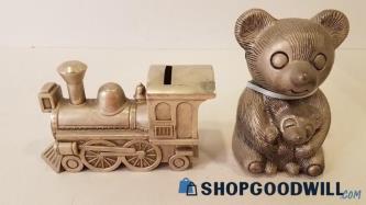 2pc Metal Piggy/Coin Banks Train Teddy Bear w/Ribbon Unbranded China/Hong Kong