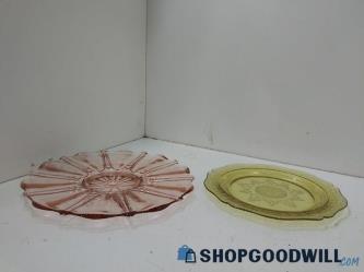 2PC Pink and Yellow Serving Glass Platters Plates Trays Oyster Pearl Kitch Decor