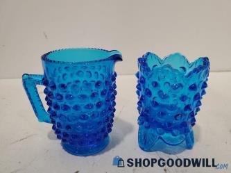 Unbranded Blue Hobnail Toothpick Holder & small creamer