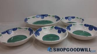 VTG Lot of 6 Handprinted Ceramic Bowl Appears Primula Floral Blue Green Collect