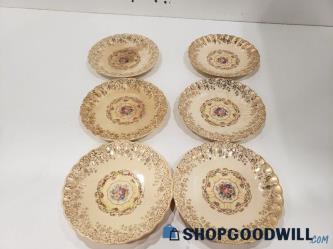 6pc Toledo Delight American Limoges Sebring Floral Design Tea Saucers Gold Trim