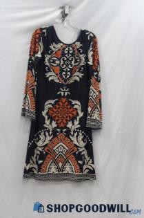 Orange Caramel Women's Navy/Orange Patterned Long Sleeve Dress sz L