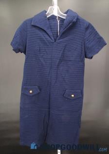 Vintage Unbranded Women's Navy Blue Textured V Neck Shirt Dress