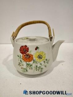 Vintage Teapot Anemone Takashi Hand Decorated Tea Pot W / Wood Handle