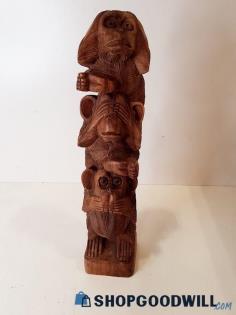 See/Hear/Say-No-Evil Monkey Pole Carved Wooden Approx 19" Unbranded