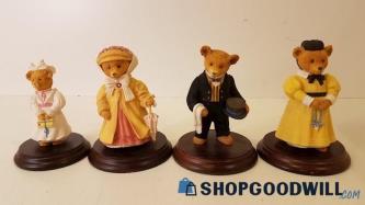 4pc Dept56 Upstairs Downstairs Bears Figurines Carol Lawson Wood Base