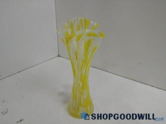 VTG Bright Yellow White End of Day Glass Vase Ruffle Edges 12" Tall Home Decor