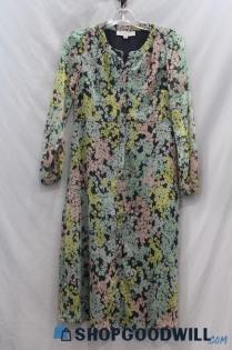 Loft Women's Blue/Yellow Floral Patterned Sheer Sleeve Button Up Dress sz 0P