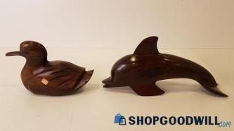 2pc Carved Wooden Duck & Dolphin Figurines Mexican Unbranded Appear Vtg