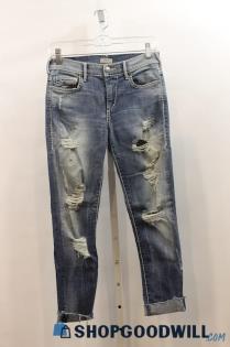 True Religion Halle Women's Mid Rise Super Skinny Ripped Blue Jeans Sz 26