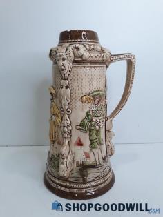 Ceramic Beer Stein 15" Brown Decorated Dispenser Cup