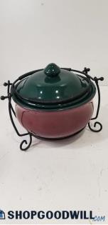 Dutch Oven Cauldron Cook Ceramic Slipware Pot Steel Stand Handle Rack Green Red