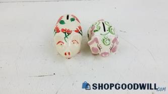 2 Hand Painted Porcelain Piggy Coin Banks Red & Pink Flowers Vintage Collectible