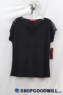 NWT Love Scarlett Women's Black Mesh Shoulders T-Shirt Sz M