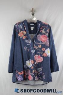 Chico's Women's Dusty Blue/Pink Floral Long Sleeve Tunic sz 8