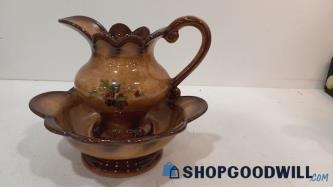 2pc Farmhouse 1981 Ceramic Brown Pitcher & Bowl Set Nature Vintage