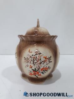 Brown Ceramic Orange Floral Butterfly Ruffled 7" Sugar Bowl W/ Lid