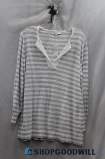 NWT LOFT Women's White/Light Blue Striped Shirt Sz L