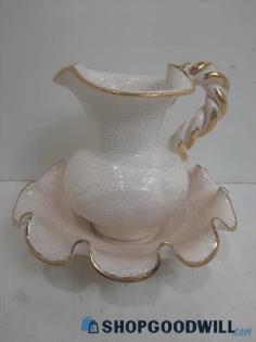 2pc White/Gold Crackle Pitcher & Saucer Dish