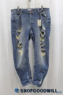 NWT MNG Women's Blue Wash Ripped Boyfriend Jean SZ 12