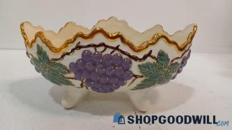 White Fruit Bowl Gold Trim Accents Hand-Painted Footed Embossed Signed Dish