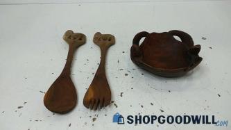 3pc Mixed Carved Wood Turtle Bowl & Elephant Spoon & Fork