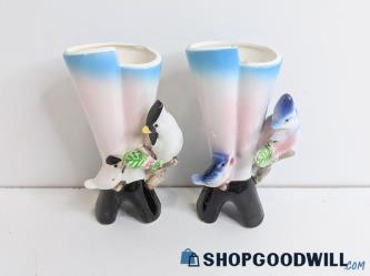 2PC Appears to Be Porcelain Footed Bird Figurine Vase