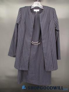 Vintage Bedford Fair Women's Navy Blue Pinstripe Two Piece Dress Suit SZ 8