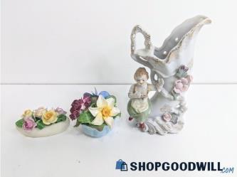 3PC Victorian Wall Pocket Decor + 3D Floral Vase Figurine