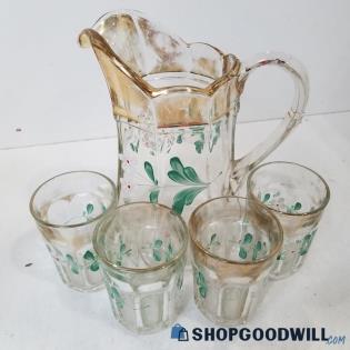 White Flower Glass Pitcher 4pc Cup Set