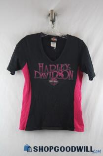 Harley-Davidson Women's Black/Pink V-Neck Logo Graphic Short Sleeve Top M