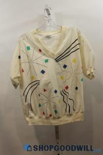 VTG Caribou Women's White Multicolor Abstract V-Neck Short Sleeve Top Size S