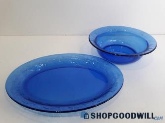 Lot Of 2pc Cobalt Blue H-16 & C-22 Glass Platter Serving Dish & Bowl