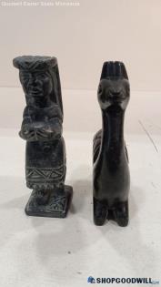 Gray & Black Appear Stone 2pc Hand Carved Figurines Llama & Lady