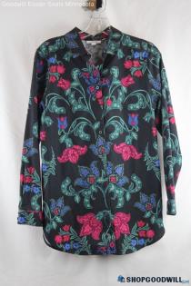 Chico's Women's Black/Green Floral Long Sleeve Button Up Shirt - Size 6