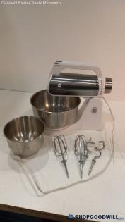 Model 41135 West Bend White Silver Stand Mixer Powered On W/ Attachments