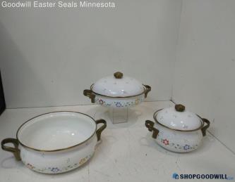 5pc M Kamenstein Inc White Floral Enamel Dutch Oven Pans Brass Like Handles